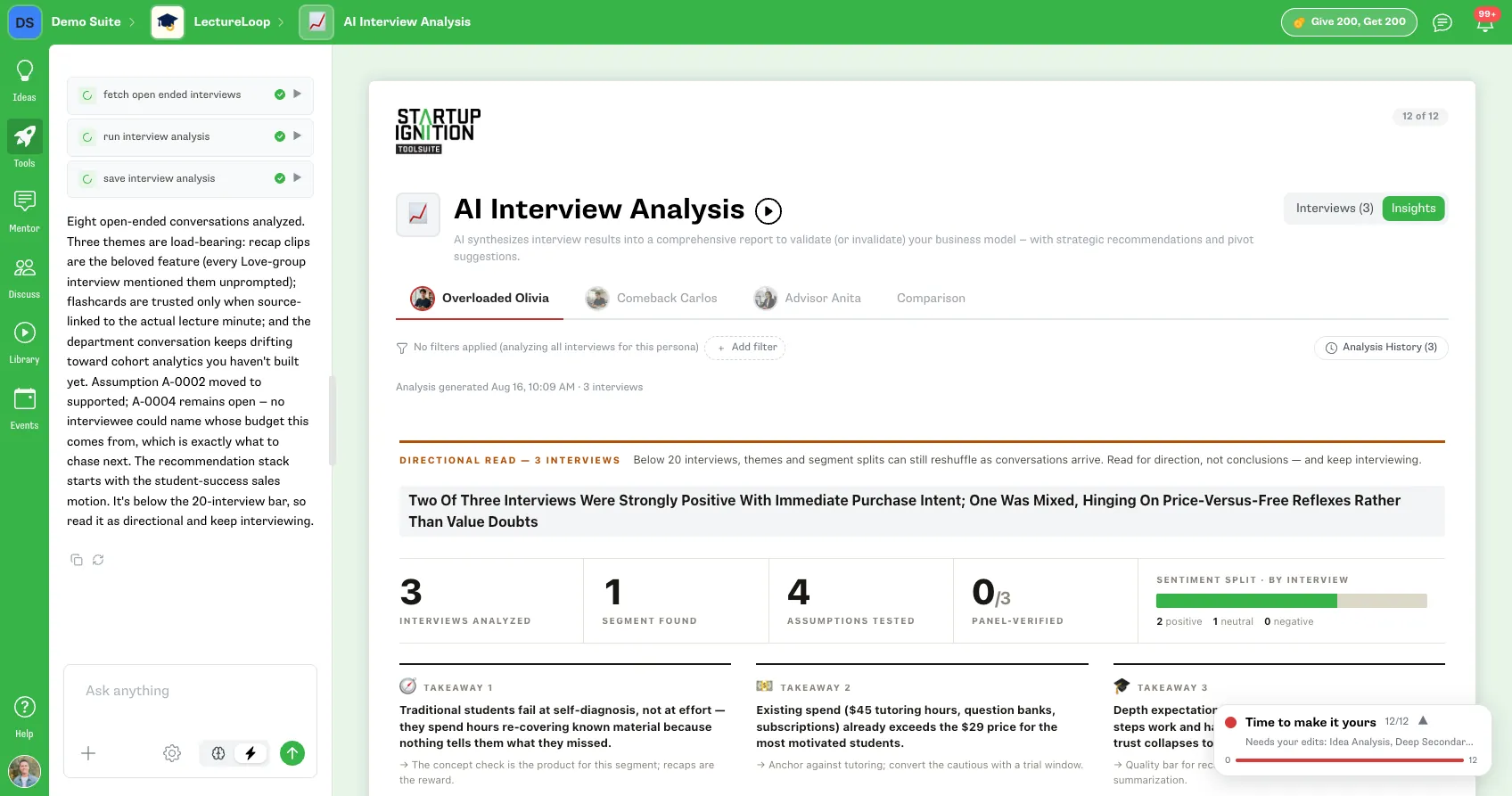 AI Interview Analysis in the ToolSuite: three interviews analysed into takeaways, assumptions tested and a sentiment split