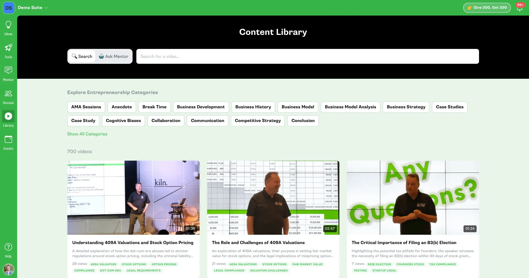 The ToolSuite content library: 700 videos organised by entrepreneurship category, with search and an Ask Mentor tab
